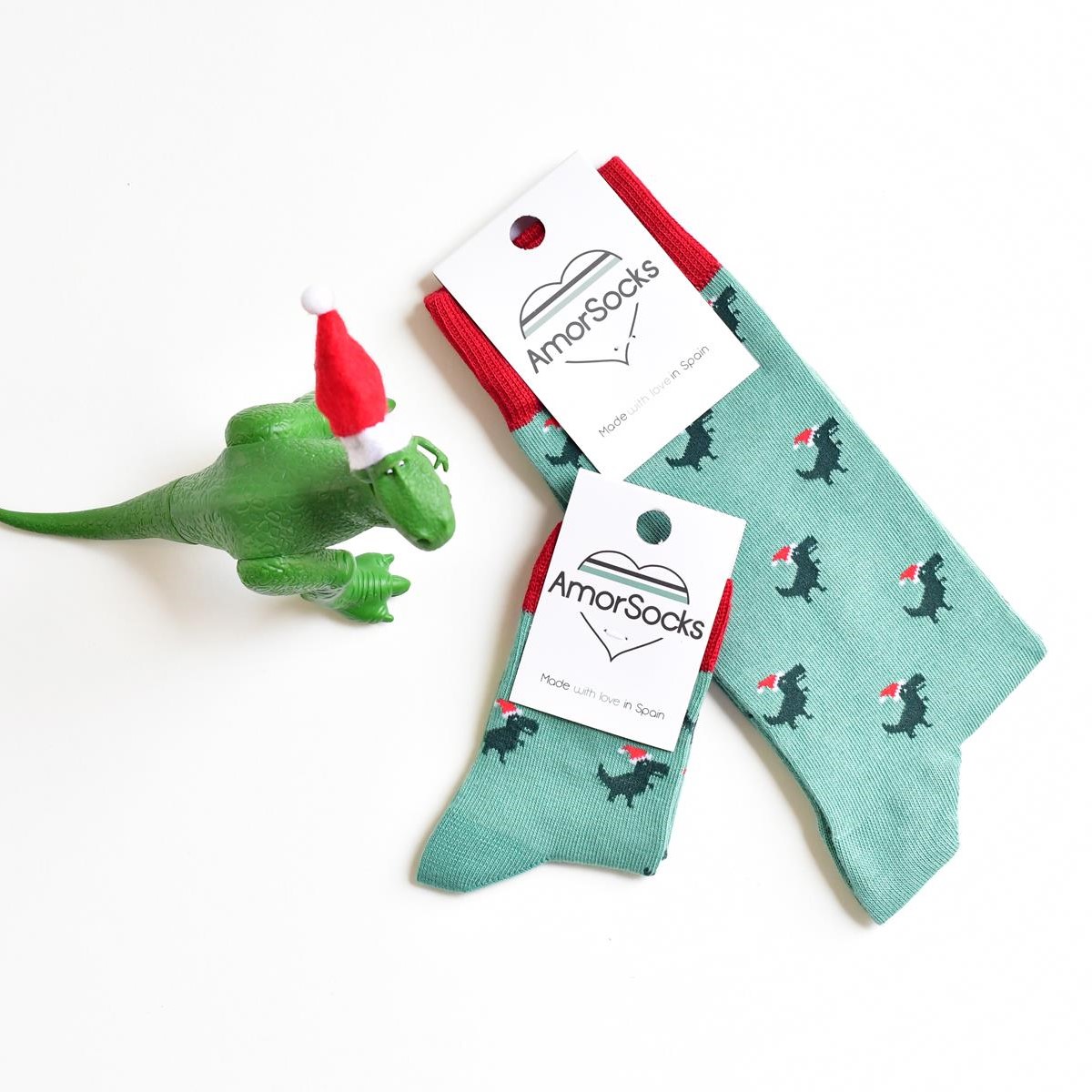amorsocks-calcetines-socks-dinos-noel-navidad-christmas-dinosaurios-trex-tiranoraurio-verde-rojo-green-red-niños-niñas-kids-papa-noel-colección
