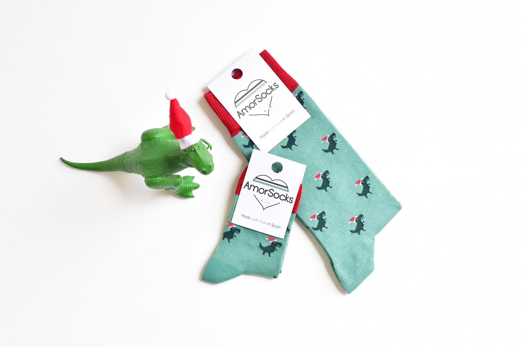 amorsocks-calcetines-socks-dinos-noel-navidad-christmas-dinosaurios-trex-tiranoraurio-verde-rojo-green-red-papa-noel
